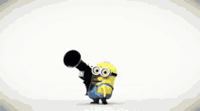 a yellow and blue minion with a black eye and a circle on his chest