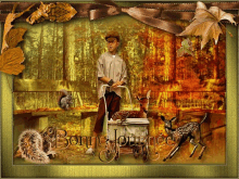 a picture of a boy pushing a cart with the words " bonne journee " written on it