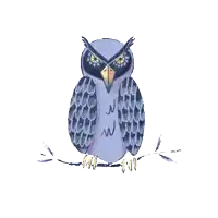 a purple owl is sitting on a tree branch
