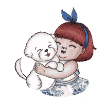 a little girl is holding a white dog in her arms