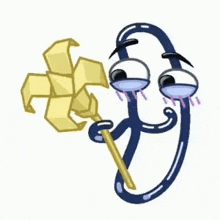 a cartoon drawing of a paper clip with a face holding a yellow flower .