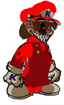 a cartoon character with a red hat and overalls with a k on it