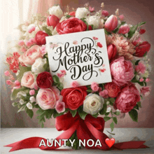 a bouquet of flowers with a card that says happy mothers day