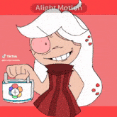 a drawing of a girl with white hair and a red dress holding a bag with a flower on it