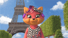 a cartoon cat is standing in front of the eiffel tower wearing headphones