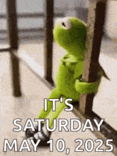 kermit the frog is sitting on a railing holding onto a railing and looking out a window .