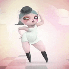 a cartoon drawing of a woman in a white dress and black boots