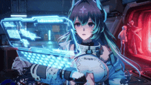 a girl is holding a laptop with the word information on it