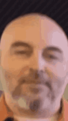 a close up of a bald man with a beard .