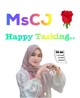 a woman in a hijab making a heart with her hands and the words mscj happy tasking behind her