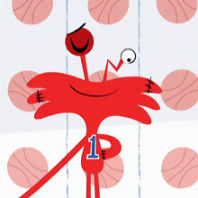 a red cartoon character with the number 1 on his chest