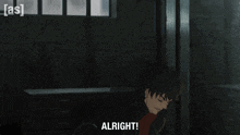 a man in a black jacket says " alright "