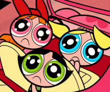 a cartoon of three girls with big eyes and a sad look on their faces