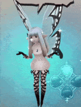 a fairy with white hair and black wings is standing in front of a blue hourglass