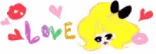 a drawing of a girl with the word love surrounded by hearts and flowers