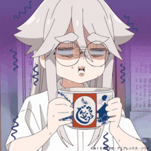 a cartoon character with white hair and glasses is holding a cup