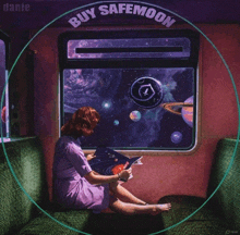 a painting of a woman reading a book with the words buy safemoon