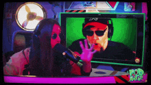 a woman is talking into a microphone in front of a screen that says ' pod race ' on it
