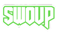 a green and white swoup logo with a white background