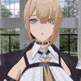 a girl with blonde hair and blue eyes is wearing a choker