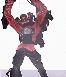 a robot with a red jacket and black pants is holding a gun