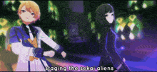 a couple of anime characters standing next to each other with the words staging the sekai aliens above them