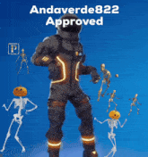 a skeleton with a pumpkin on his head is surrounded by other skeletons