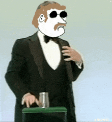a cartoon of a man in a tuxedo holding a glass