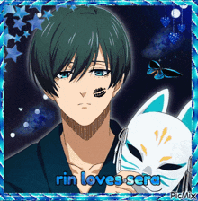 a picture of a boy with a mask and the words rin loves sera at the bottom
