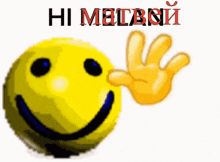 a yellow smiley face with a hand waving in front of a white background that says hi matboi