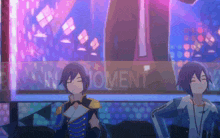 two anime characters are sitting in front of a sign that says moment .