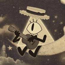 a cartoon character is playing a guitar while sitting on a moon