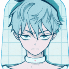 a drawing of a boy with blue hair and a choker around his neck