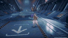 a girl in a futuristic outfit stands in front of a sign that says a