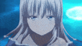 a girl with long white hair and blue eyes is looking at the camera
