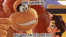 a monkey and a girl are standing next to each other and the monkey is pointing at the girl 's belly .