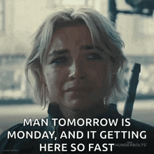 a woman is crying with the caption man tomorrow is monday and it getting here so fast thunderbolts