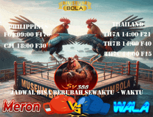 two roosters are fighting in a boxing ring with the words meron vs wala