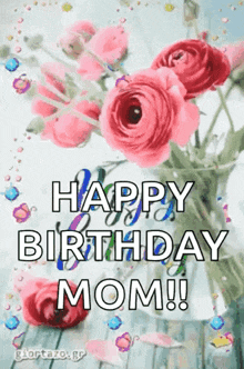 a happy birthday mom greeting card with a bouquet of pink flowers