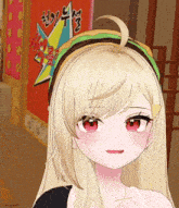 a girl with blonde hair is wearing a headband with a hamburger on it in front of a sign with chinese writing