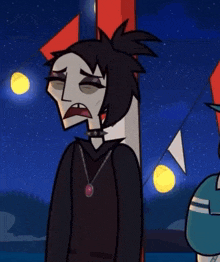 a cartoon character with a choker and a necklace holds his head