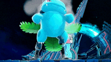 a blue pokemon with green leaves is standing in a video game with a person standing behind it .