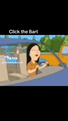 a cartoon of a woman driving a car with the words click the bart below her