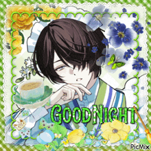 a picture of a boy with a cup of coffee and the words good night on it