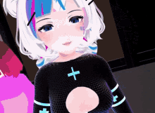 a cartoon girl with a cross on her sleeve