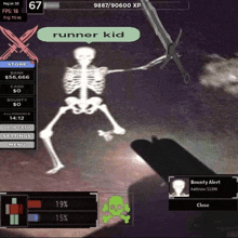 a skeleton is holding a pair of scissors and says runner kid on the screen