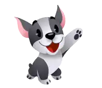 a cartoon dog is waving its paw and smiling at the camera