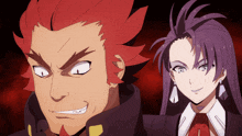 a man with red hair and a woman with purple hair are standing next to each other