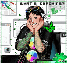 a cartoon of a woman sitting in front of a computer with the words what 's cracking written above her
