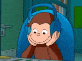 a cartoon monkey wearing headphones is smiling and looking at something